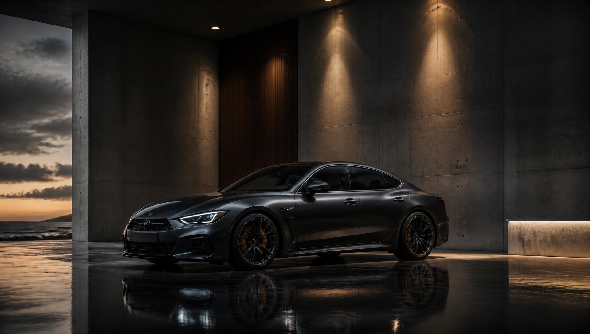 Dark luxury sedan lit inside a modern concrete showroom at dusk